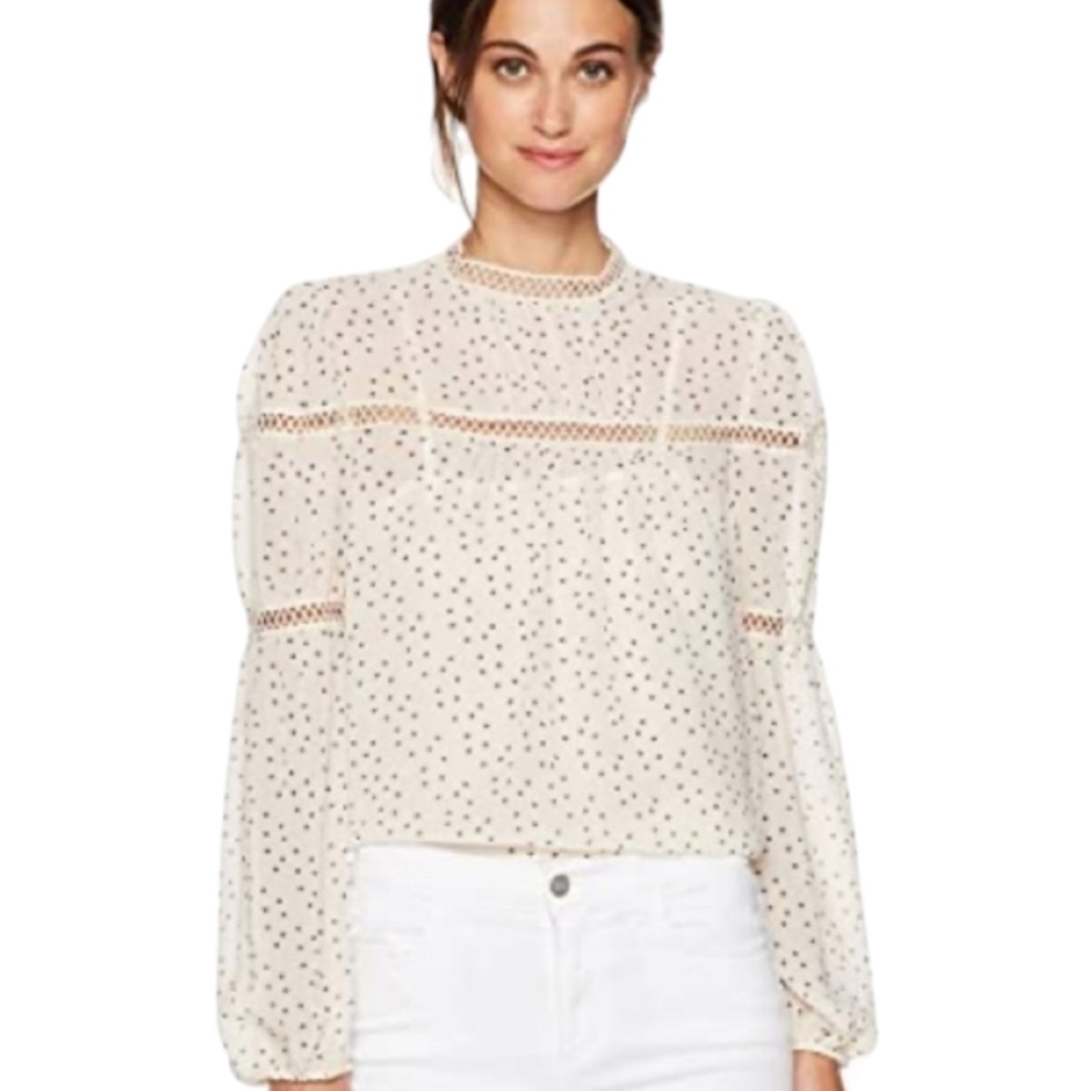 Women's Cream & Black Speck Print Peasant High Neck Sheer Blouse Large